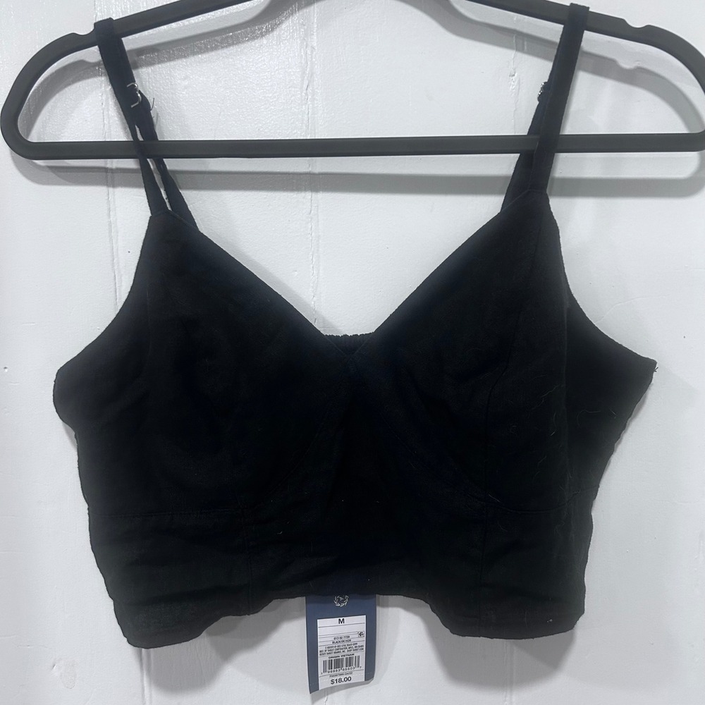 Universal Thread Womens Black Linen Blend Smocked Back Crop Cami Top Medium NWT